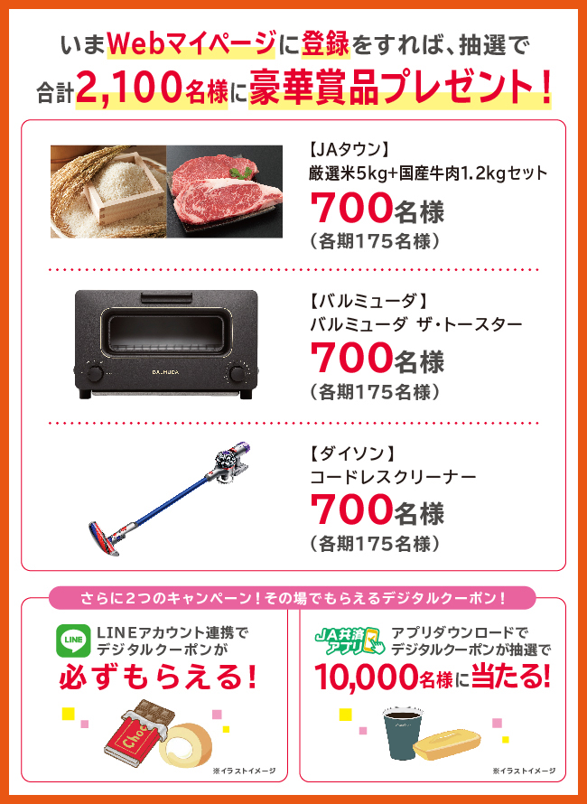 いまWebマイページに登録をすれば、抽選で合計2,100名様に豪華賞品プレゼント!