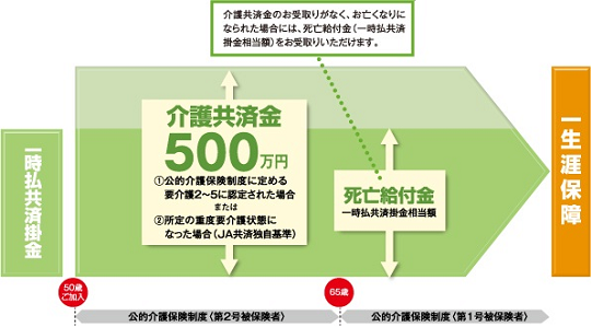 注記　公的介護保険制度においては、満40歳以上の方が被保険者となります。65歳以上の方を第1号被保険者、40歳以上65歳未満の公的医療保険加入者を第2号被保険者といいます。第1号被保険者は、要介護状態等になった原因を問わず、介護サービスが受けられますが、第2号被保険者は、要介護状態等になった原因が老化に起因する特定疾病（現在16種類）の場合に限り、介護サービスが受けられます。